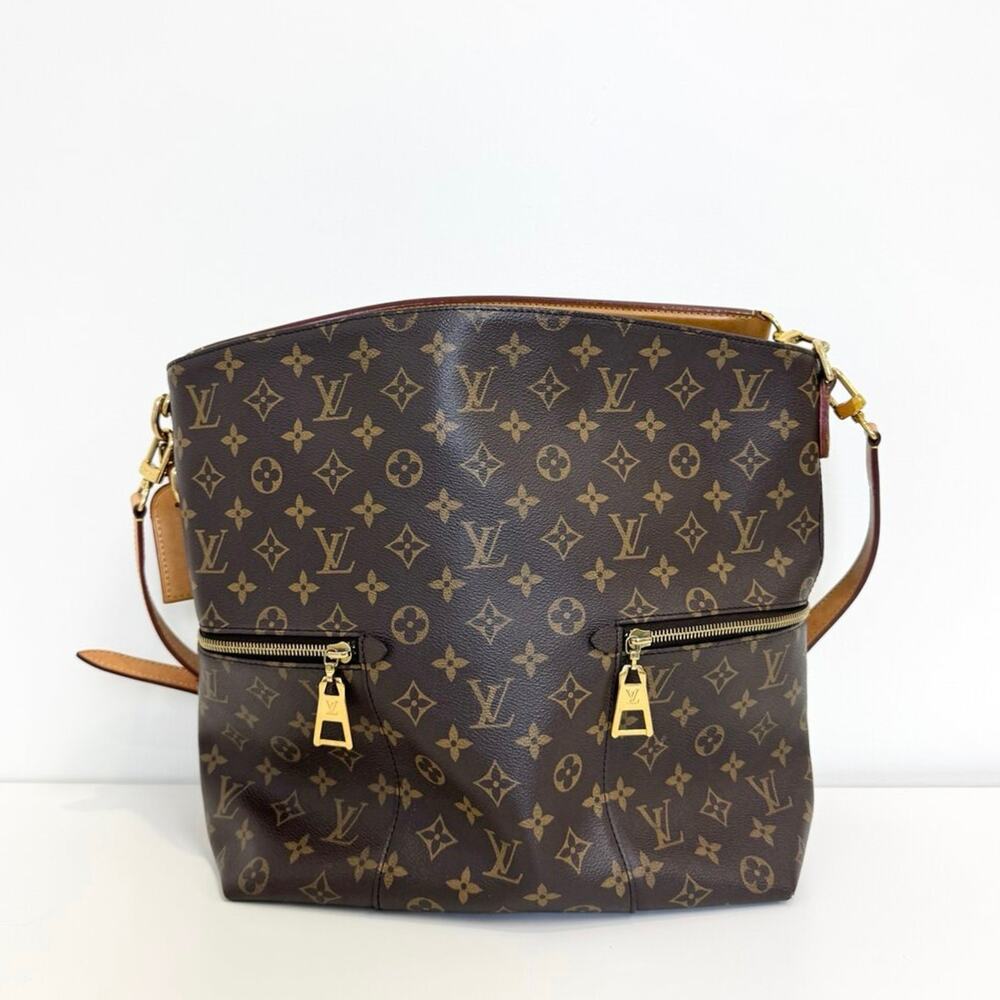 LOUIS VUITTON Melie Monogram Hobo Tote Bag Brown LV Logo Zip Pockets Shoulder